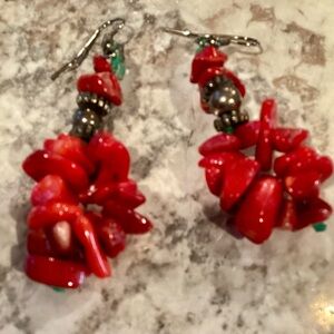Red Coral Beaded Dangle Pierced Earrings